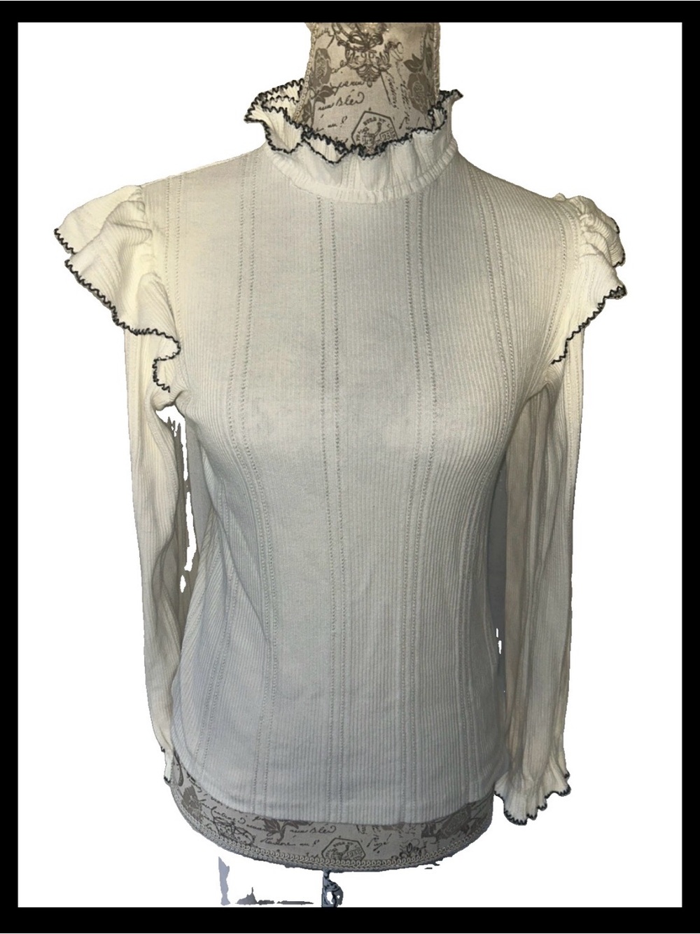 Sandro Ruffle Trim Top White Long Sleeve Black Detailing Size 2 FR US 6